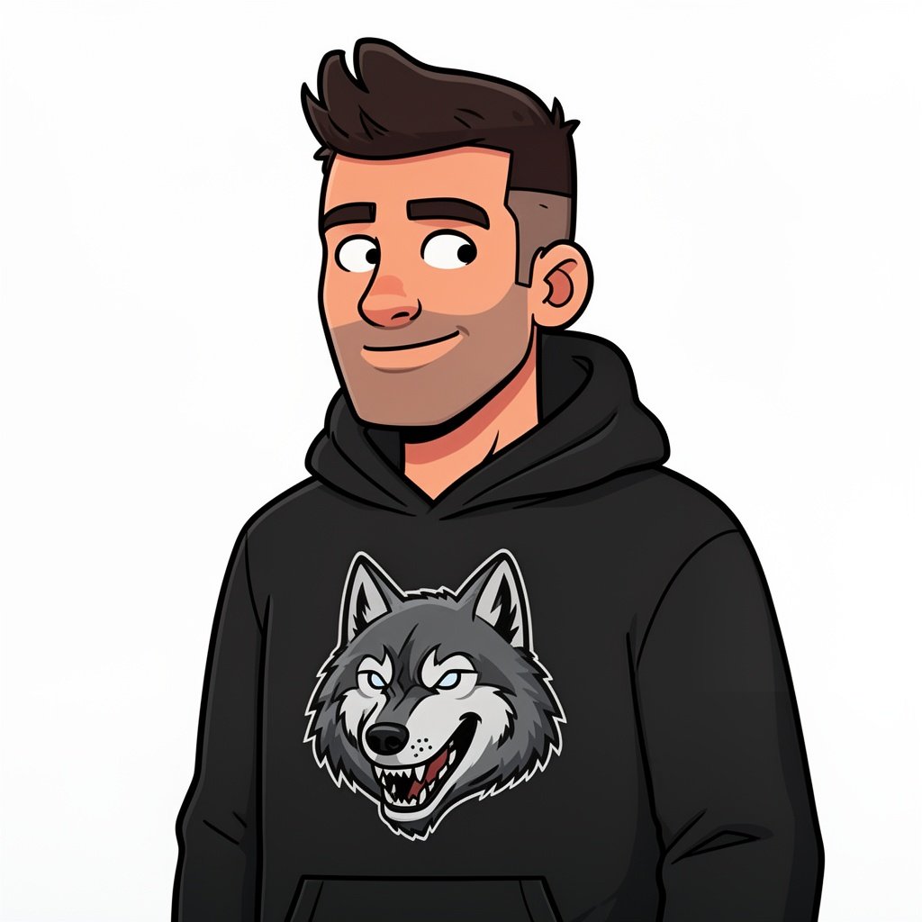 guy wearing black houde with wolf logo