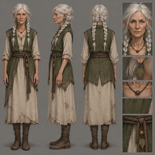 Female, wrinkled, slim, two braids, messy white hair, skinny, leaf earrings, dress, green vest, brown rope around waist, slightly pointy ears, serious , one bead necklace, concept, face expressions