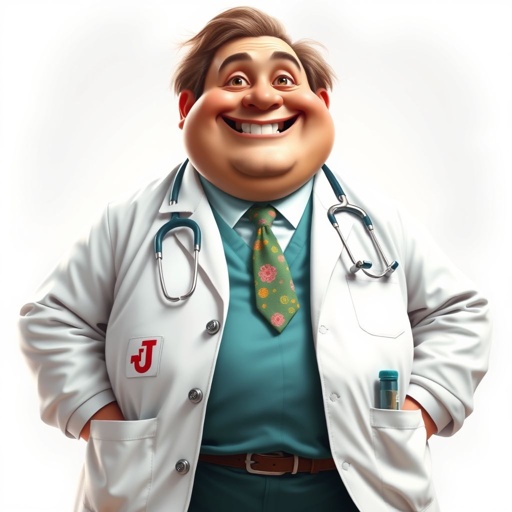create a fat doctor. Who is funny human looking from head to toe. And he always immediately results to surgery for anything even small things. So please be sure to show his whole outfit head to toe. Make him have 1 tooth. Make it more adult humor instead of cartoon humor.