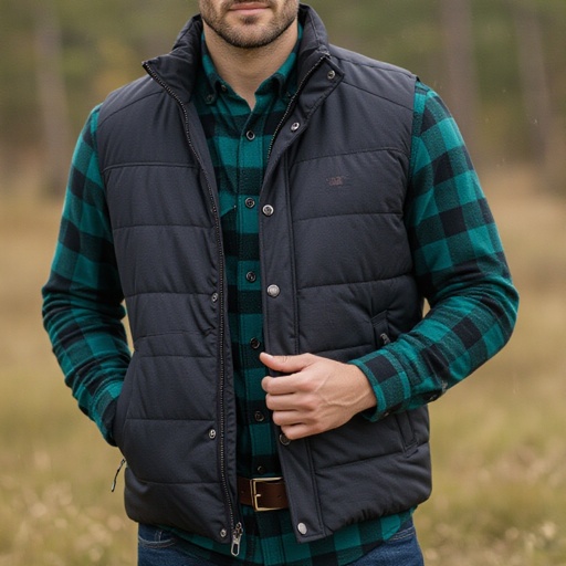 Man in black and Grey puffer Vest . A Teal Flannel underneath 