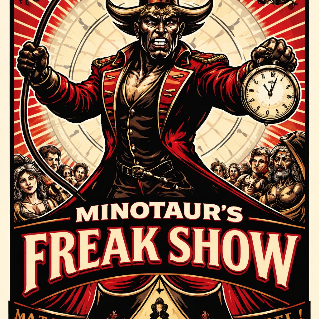 A Minotaur with a well~proportioned figure that works at freak show as the ringmaster. That has gifts/abilities like Reality Rejection, Time Manipulation (Chronokineses), Zoolingualism (Language of Cattle only), Human Speech.