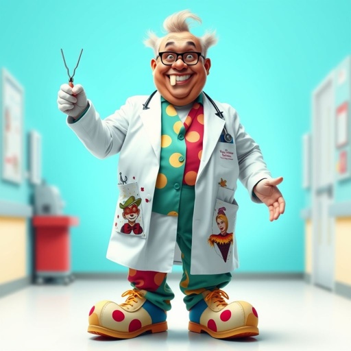 create a fat doctor. Who is funny human looking from head to toe. And he always immediately results to surgery for anything even small things. So please be sure to show his whole outfit head to toe. Make him have 1 tooth