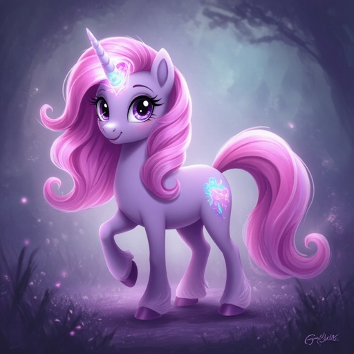A lavender my Little Pony with a pink mane and tail and a glowing cutie Mark 