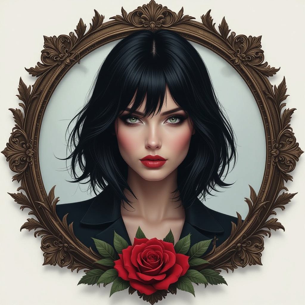 Create mysterious woman jet-black hair is cut sharpand her eyes seem to pierce through darkness. A shadowy aura clings to her form,