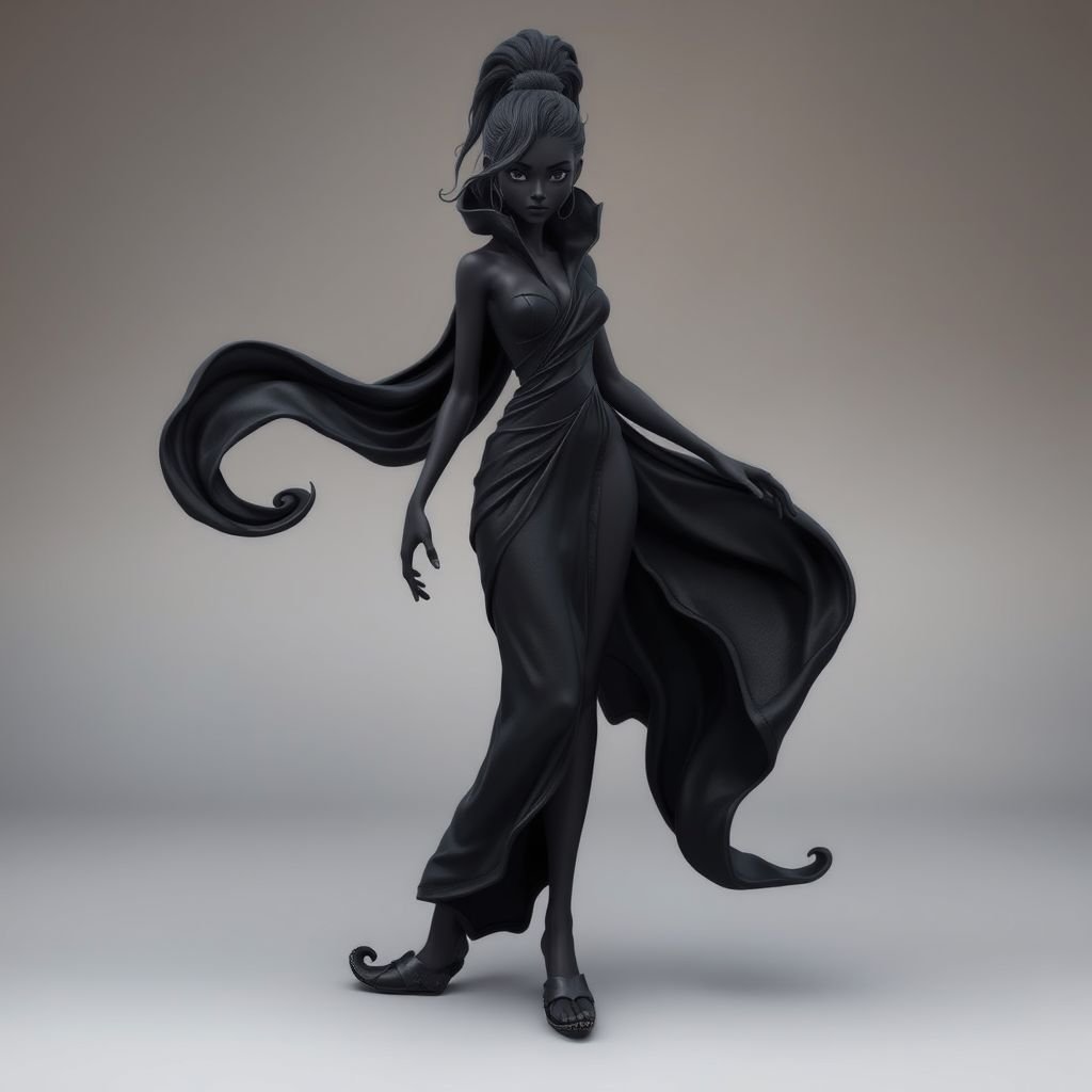 Create character hero Veyra of Shadows – A lithe, mysterious black woman draped in layered black silks that move like smoke around her. With jet-black hair. Show her whole body head to toe including her shoes.