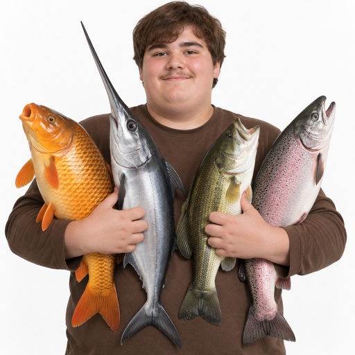 Carp Fish, Swordfish, Bass Fish, Salmon Fish, Brown Long Sleeves Shirt, Fat Human, Male, Teen Boy, Brown Hair, Pencil Mustache