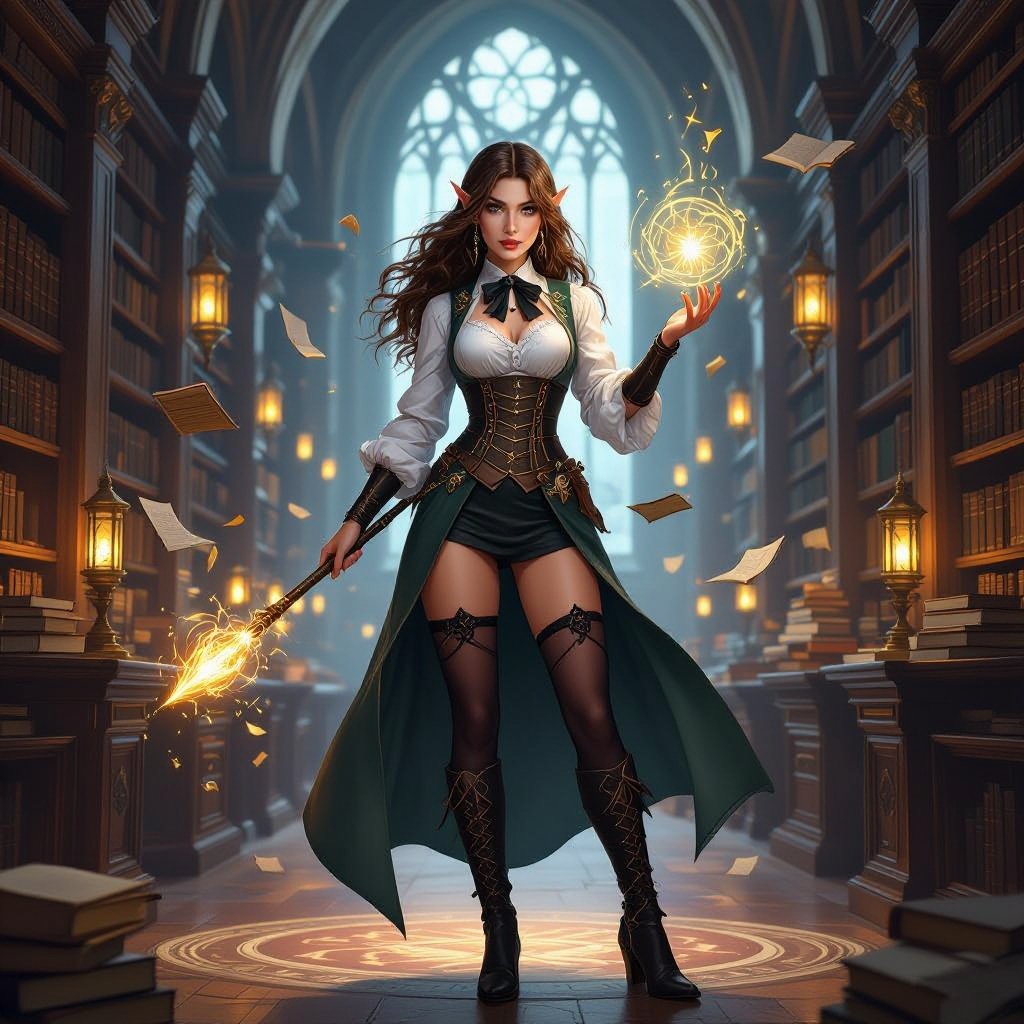A full-body semi-realistic fantasy illustration of Mythanna Junedae, a High Elf Wizard of Abjuration, standing in a grand enchanted library as if preparing for battle. Towering shelves and glowing lanterns line the hall, but tomes and scrolls now float wildly around her in midair.
Mythanna’s stance is strong and commanding: legs planted apart, stockings and shin-high rune-stitched boots clearly visible. She holds her glowing Wand of Magic Missiles raised in one hand, and her other hand traces a circle of luminous abjuration runes in the air. Wards flare around her in golden light, forming protective circles and glowing shields.
Her appearance:
- Face and hair inspired by Barbara Palvin — soft but determined, brunette waves flowing with magical wind.
- White blouse with long sleeves, dramatic black bow tie, snug rune-stitched corset band.
- High-waisted skirt with bold black-and-white polka dots, sleek and fitted, cut mid-thigh.
- Dark stockings stopping just below the hem, leaving a teasing strip of bare thigh visible.
- Shin-high rune-stitched boots.
Signature items:
- **Hat of Wizardry** — tall, tilted, subtly patterned with arcane polka-dots, glowing runes swirling around it.
- **Pearl of Power** — glowing jewel at her throat beneath the bow tie.
- **Wand of Magic Missiles** — held aloft in one hand, glowing brightly as arcane missiles orbit it.
Her expression is no longer coy but fierce, her abjurist power on full display. The mood is dramatic fantasy: playful parody aesthetic still intact, but with genuine magical authority radiating through the glowing wards and floating tomes.