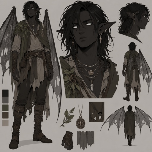 Male, black skin, shoulder length messy hair, pointy ears, completely white large eyes, ear ring, spider web wings, dark elf, ragged nature clothes, multiple necklaces, tunic, concept, face expressions
