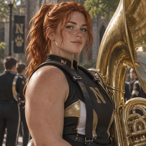 Elizabeth is a 5’11” fiery redhead with a sturdy, athletic build developed through years of marching and carrying a large brass instrument. Her bright copper-red hair is naturally thick and slightly wavy, and she usually keeps it pulled into a messy ponytail or loose braid during rehearsals. She has a scattering of freckles across her nose and cheeks and expressive green eyes that seem to reveal exactly what she’s thinking.