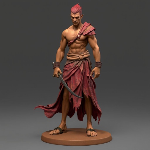 Create handsome hero Rhen the Fire – A lean, muscular man. He wears layered, flowing desert robes dyed in warm reds and golds, with scorch marks where flames have licked them. A curved blade hangs at his hip. Show whole body head to toe including her shoes.