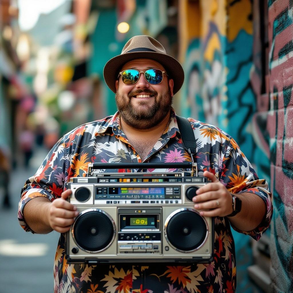 Create a funny fat guy who has a book box radio , make it kinda cartoonish