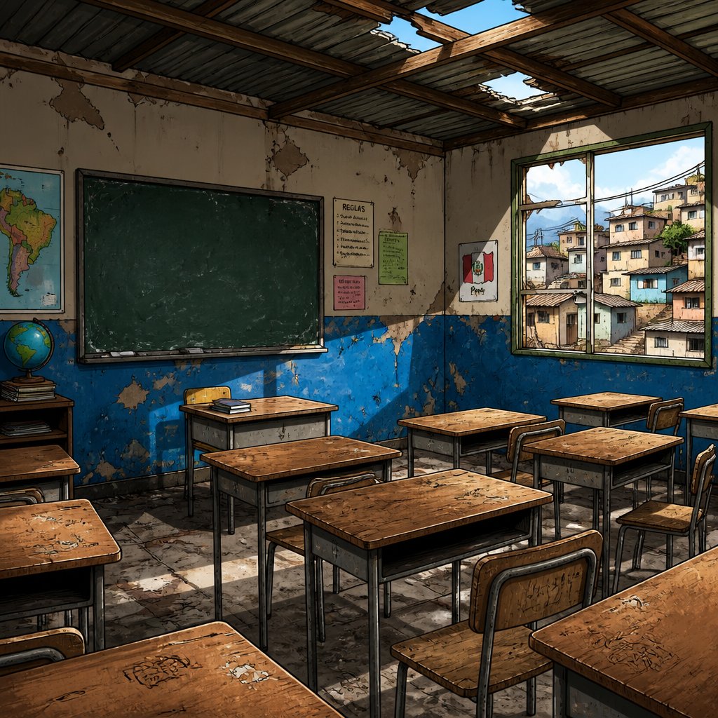 Light and bright Highly realistic, no speech bubbles no print dots the interior of a slum school in South America no people