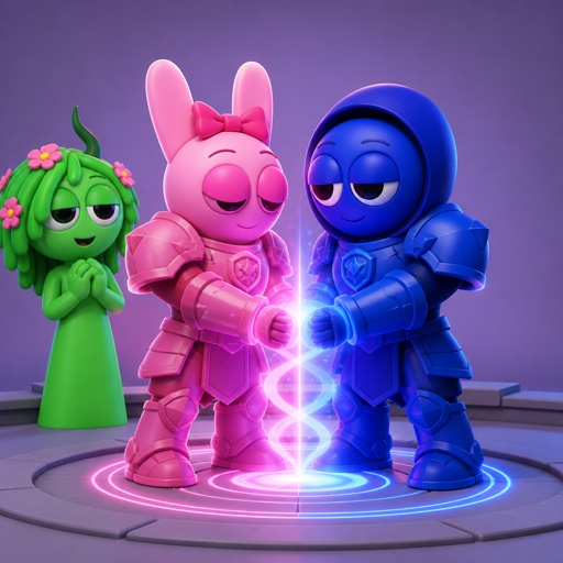 Vineria from Sprunki watching Pinki from Sprunki as Elita One merged with Jevin from Sprunki upgrading the twos shared armour to be more powerful and more durable 