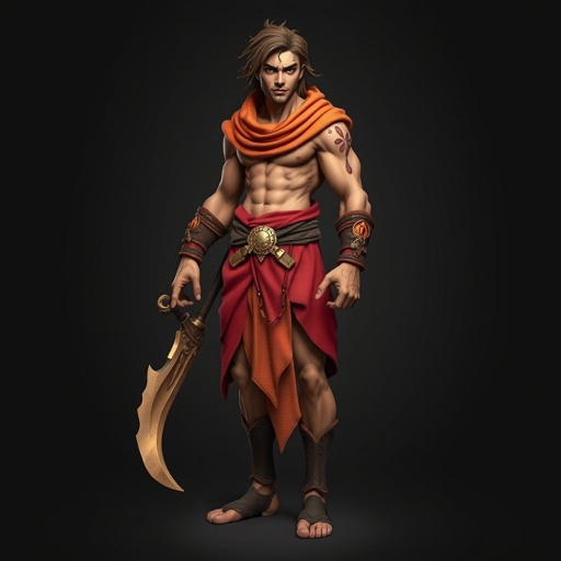 Create handsome hero Rhen the Fire – A lean, muscular man. He wears layered, flowing desert robes dyed in warm reds and golds, with scorch marks where flames have licked them. A curved blade hangs at his hip. Show whole body head to toe including her shoes.