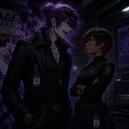 Anime style, Agent Ward, was made in a secret lab to be the best weapon and good at everything, highly skilled in many things, has to be kept in check by the facility and have an emergency backup in case he gets out of control, Wards hair is in a messy loose bun hair color violet, he is clean shaven, has yellow night vision eyes, sharp teeth,he wears sunglasses on his head, has a dark power of death from the experiments, the best agent, he's in his late 20s, tired, tall, eyes are sensitive to light, easily gets migraines, likes making jokes, sassy, reckless mischievous and dangerous,grins, hates being told what to do, intimidating, laugh like a maniac,cares about his partner ruby rose she's dark skin serious plays by the rules and firm but nice to ward them arguing ruby saying that ward needs to stop scaring the suspect so much while ward grins saying “ but it gets the answers out of them more easily”