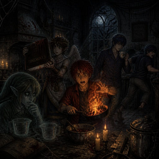 Super smash brothers link from legend of Zelda, pit from kid Icarus, Marth from fire emblem,Roy from fire emblem, Marth is in pajamas there trying to make breakfast Roy in casual clothes accidentally got pancake batter on himself holding frying pan that caught on fire saying "crap, crap, marth what do I do!" link trying to figure out which measuring cup to use casual clothes, pit trying to read the cookbook but it's upside down and he can't read wearing casual clothes, Marth wearing his pajamas making himself some tea with a tired face expression Marth sleepily replies to Roy saying "Hu you talking to me?" Ike from fire emblem wearing casual clothes runs in the kitchen with a freaked out face expression saying "what are you guys doing!"