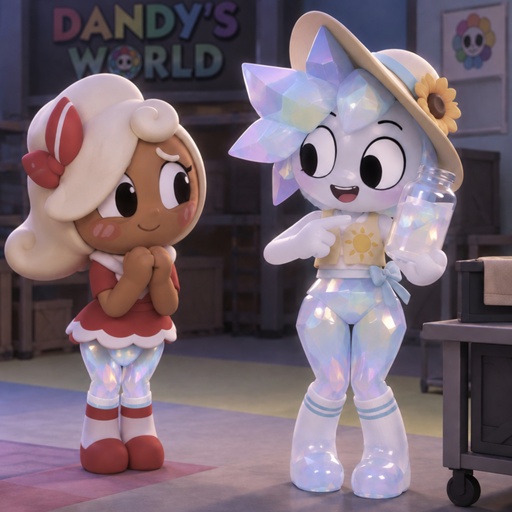a couple of cartoon characters standing next to each other