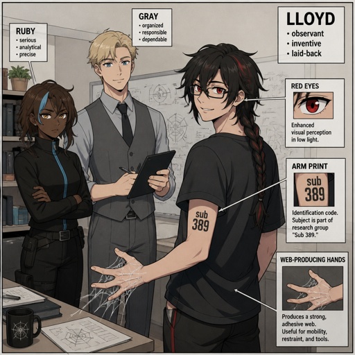 Anime style, Ruby she's dark skin with brown hair and light blue, streak, serious, intimidating, makes sure she gets all the answers she needs,very good at interrogating the suspect, is very loud, being calm is hard, loves tea, she cares about her partner gray but doesn't know about gray's feelings to her, she occasionally will smile a lot.Agent gray nice wave blond hair, tallish, nice, doesn't wear glasses, cares about partner, shy, good at his job, very organized but when a lot of work happens all at one and there's a limited time he can get very disheveled, likes his partner agent Ruby but to scared to admit it, smart, can work in any situation,energy drinks,can unintentionally be funny. Anime white male, name Lloyd, hair messy long one loose braid, black hair with light red stripes, clean shaven,red eyes, long scary fingers spider fangs,glasses, sarcastic, cold, laugh mockingly, traumatized,was a unwillingly experiment many years before getting rescued, no memory of his past, has power of a spider, poisonous makes spider webs with his hands, can communicate and control spiders, on right arm a print says sub 389, doesn't remember anything from his past,very dangerous, being taken care of in a special agency.there all in the same room asking Lloyd questions,Lloyd is wearing casual clothes ,as a comic