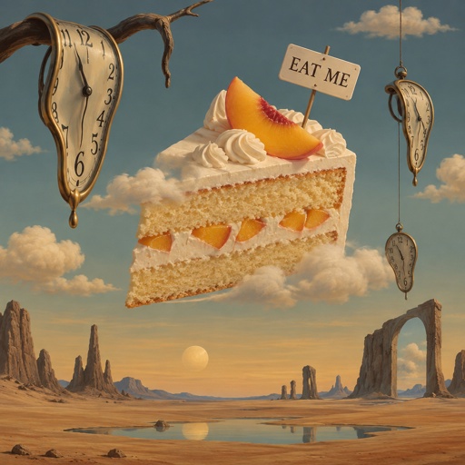 Slice of vanilla peach cake with a sign that says eat me 