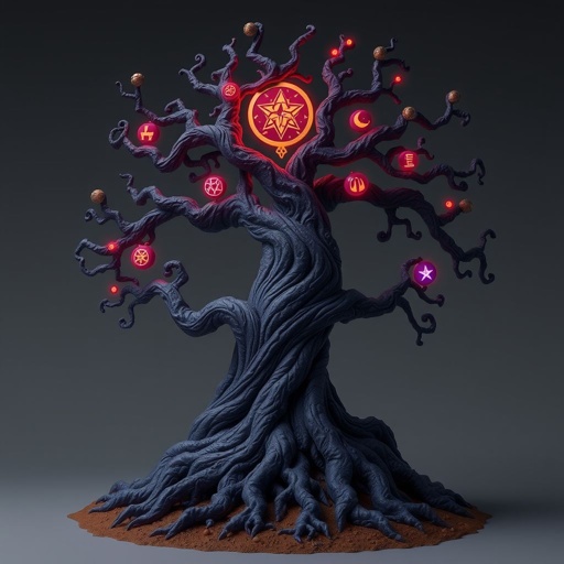 Give me a image of a dark  magic tree, with roots in the bottom