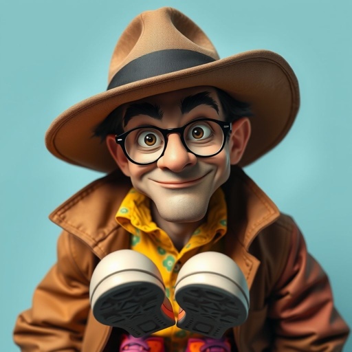 Create a character who is a goofy looking detective, who is confident. But funny looking. With cool shoes on.
