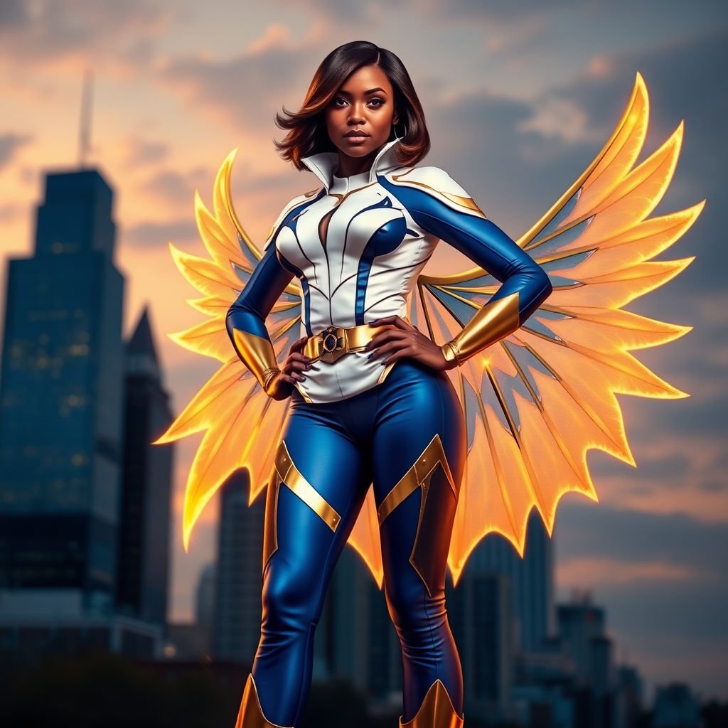 African American female superhero with shoulder length hair in a side part style wearing a homemade white and blue suit with gold accents and blue pants with a stylized V as her chest emblem wearing gold flat boots with wings made of gold fire standing in Philadelphia at dusk