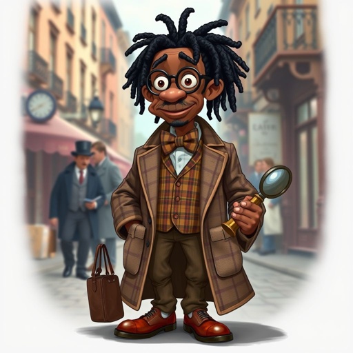 Create a funny character similar to Sherlock Holmes, but make him of black decent and with dread locks. Show his whole outfit including his shoes.