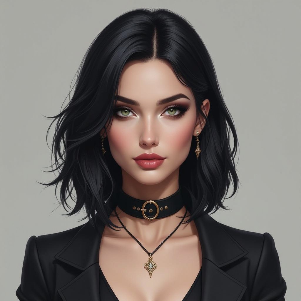 Show character head to toe. Create a mid age fantasy woman jet-black hair is cut sharpand her eyes seem to pierce through darkness. A shadowy aura clings to her form,