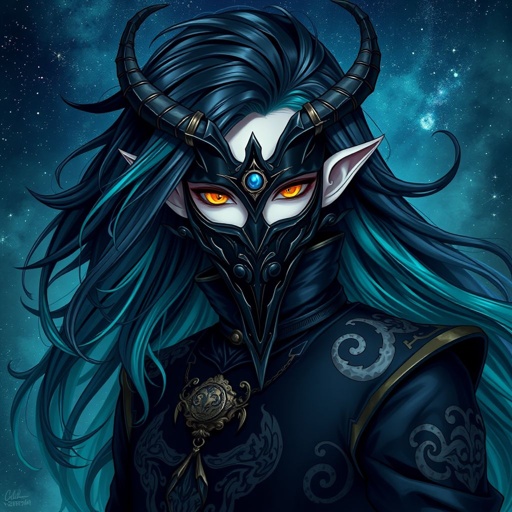 A pale young man with black hair and teal-coloured highlights with golden eyes. Wears a dark, close-fitting outfit adorned with cloud patterns, and a mask inspired by exorcism rituals, featuring horns and a centre eye. His design incorporates elements of antiquity and ethereality, balancing practicality with a sense of otherworldliness.