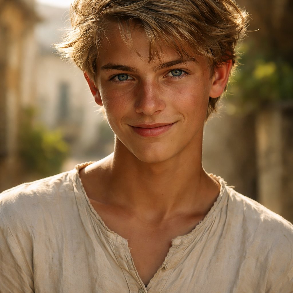 17 year old boy. Dirty blond hair with tan and bronzed skin. Skin is sunkissed tan. He has blue eyes and defined face. He has on a simple white tunic and has a mischievous smirk. His eyes look like they’re laughing at you