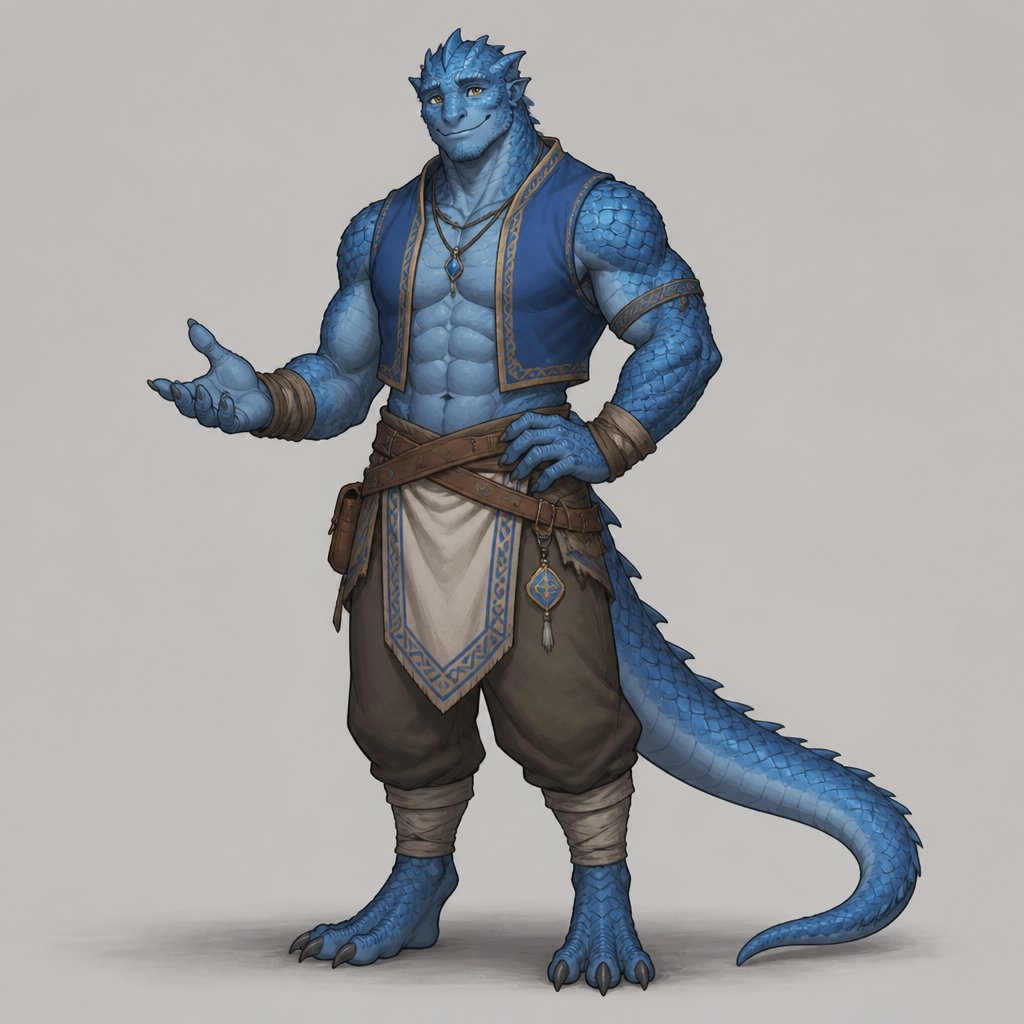 Blue scaled man friendly looking man