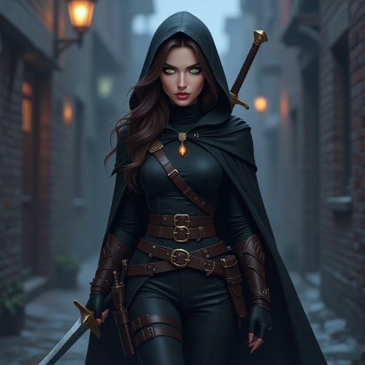 Human woman. Brown long hair and green big eyes. She wears a black cape. A wear  black turtleneck and black pants. She has a belt on which he carries daggers and swords. She wears high, heavy boots. She carries a short sword. She has a long sword on his back. She wears a hood. It's night. A dark alley. The screen is from below. A woman approaches us. A cold expression appears on her face. An amber necklace gleams around her neck. She wearing black armor. The woman is pale. She has a delicate beauty. Her eyes are painted black. She looks menacing. pale complexion. Shes not beautifull. She have 25 years old. 

