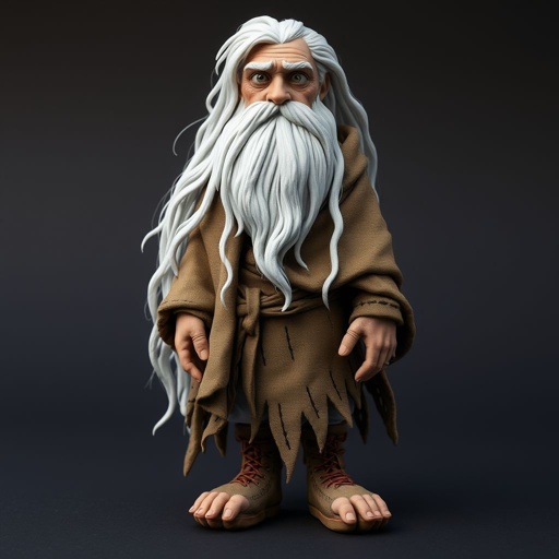 Create old character: The Silver-Eyed Wanderer – A tall, long beard hooded androgynous figure with hair that white. piercing silver eyes seem to see both past and present at once. a long, tattered cloak covered in stitched symbols from lands unknown. Show her whole body head to toe including her shoes.