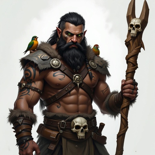 Kael the Beastbound – A rugged, broad-shouldered man with black skin and a rough beard, wearing armor made from bone and leather. deep green eyes tattoos of animal tracks spiral down his arms. He carries a massive wooden staff carved with the shapes of beasts, and small creatures often perch on his shoulders or follow at his feet.