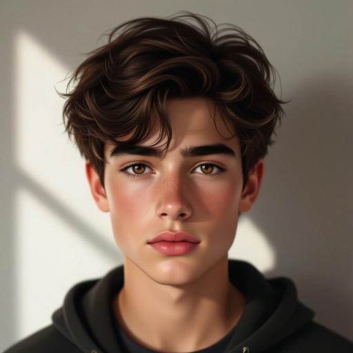Mysterious teen boy with dark brown hair brown eyes and with a dark past