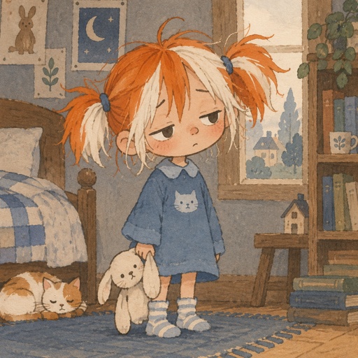 Female, orange and white messy pigtails, short, wears blue, droopy eyelid
