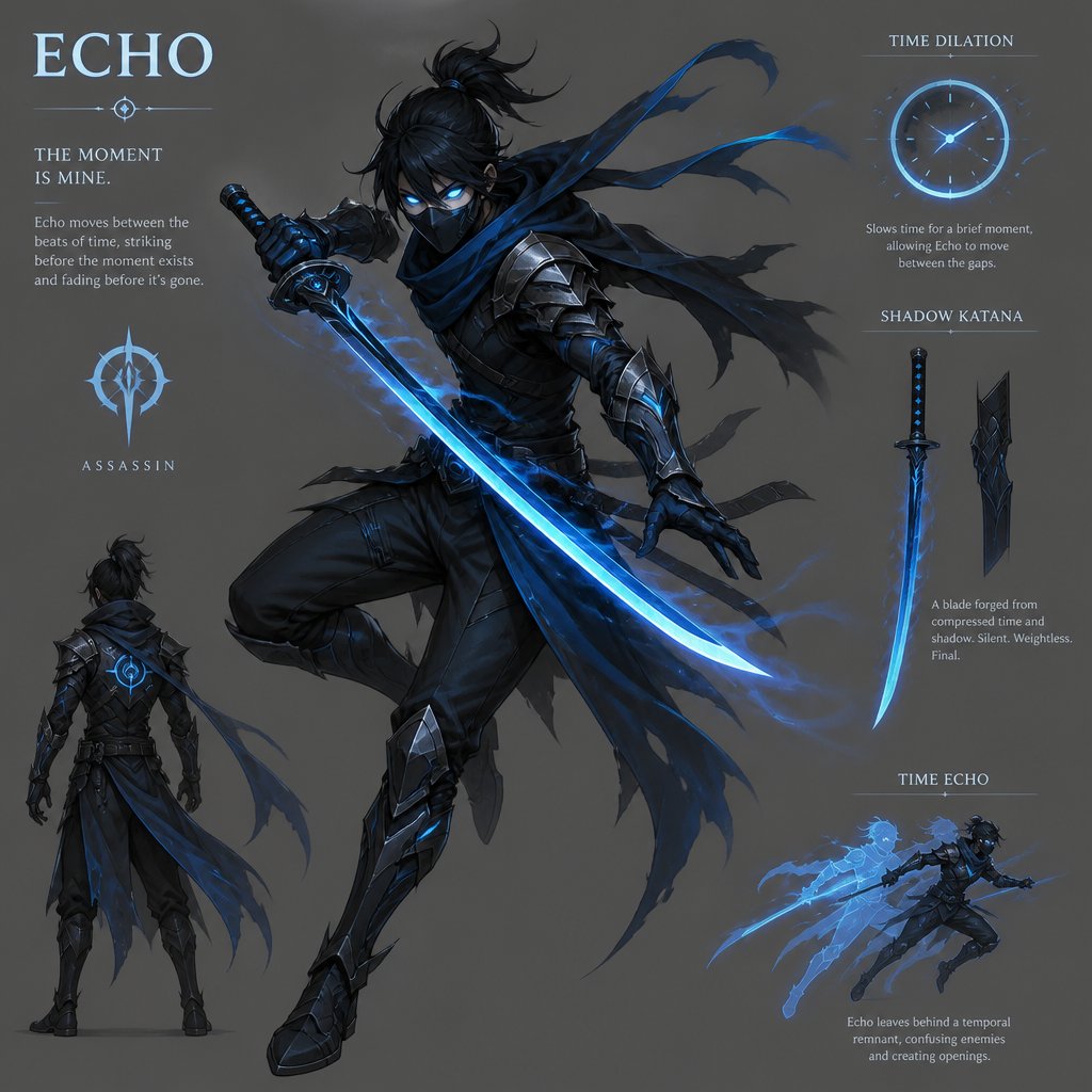 assassin name echo, time power, light blue eyes, blue shadow katana
