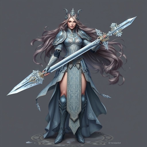 Create a battle woman hero called Alvara the Frostheart. Show full body head to toe including shoes 