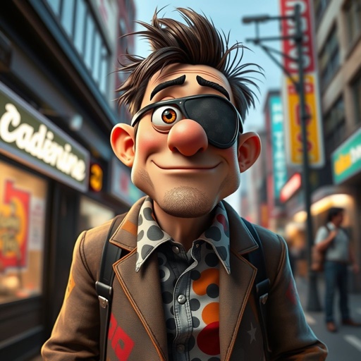 Create a funny adult guy name one eye Willy, who has one eye patched, show entire body head to toe 