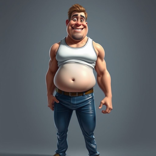 Create a funny looking man who’s jeans and tank top is so tight head to toe
