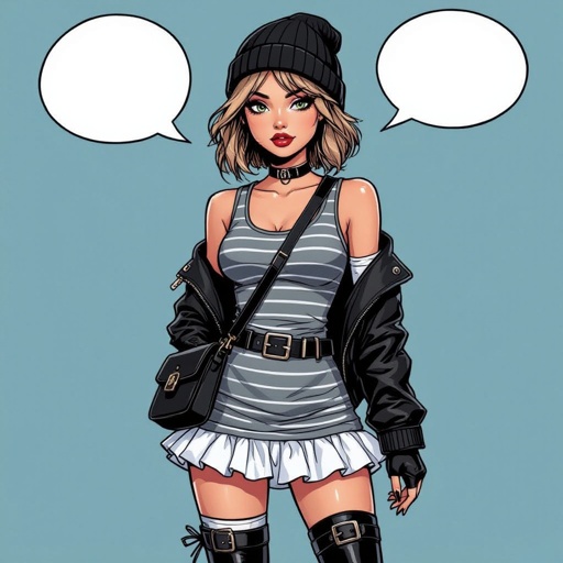 Light Brown Short Hair Babe Striped gray tank dress with white ruffled mini-skirt, thigh-high socks, chunky black buckle boots, black beanie, and cross-body bag — casual goth-punk streetwear.