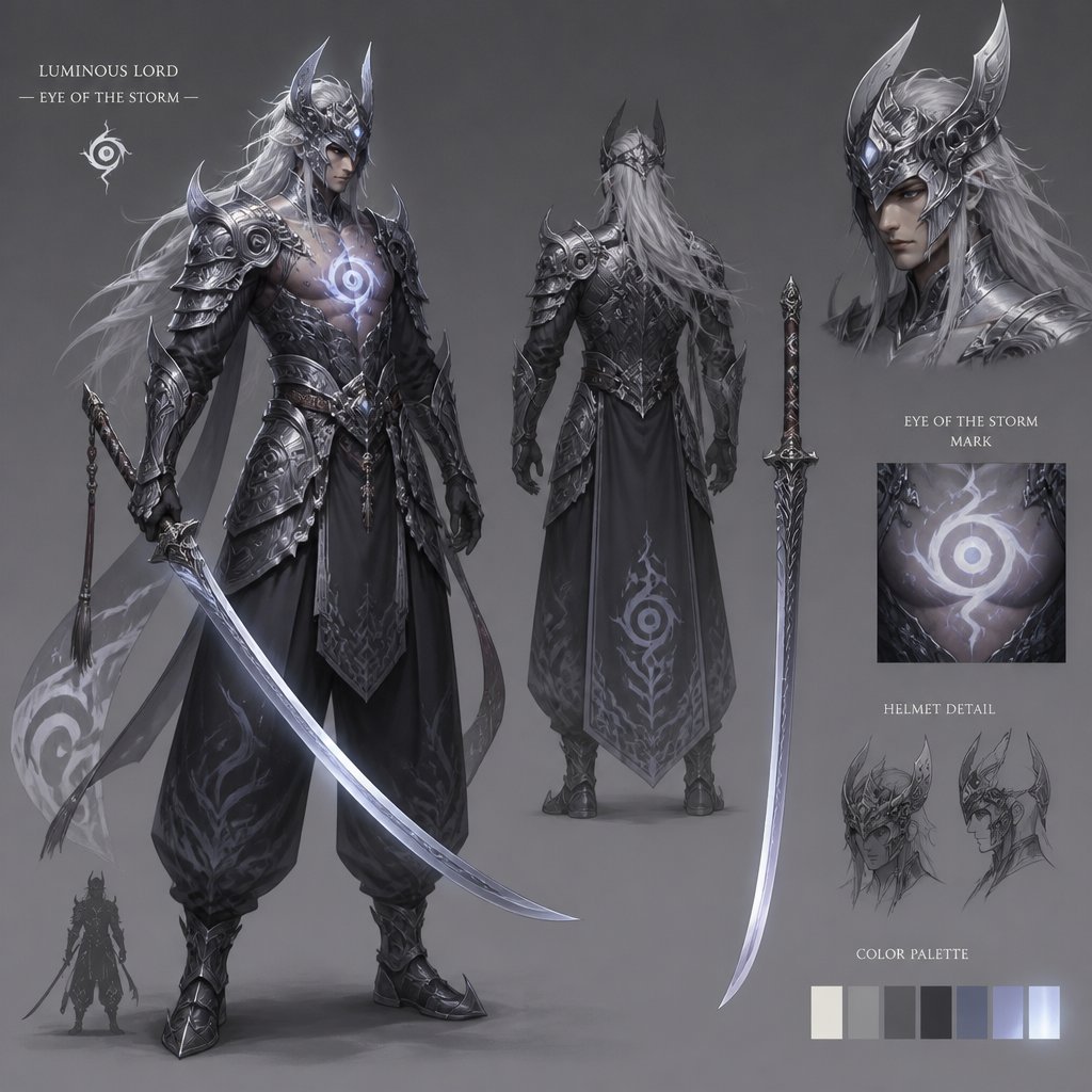 warrior, long curved sword, crested helmet, dark silver armor, luminous lord, baggy pants, eye of the storm mark, silver hair