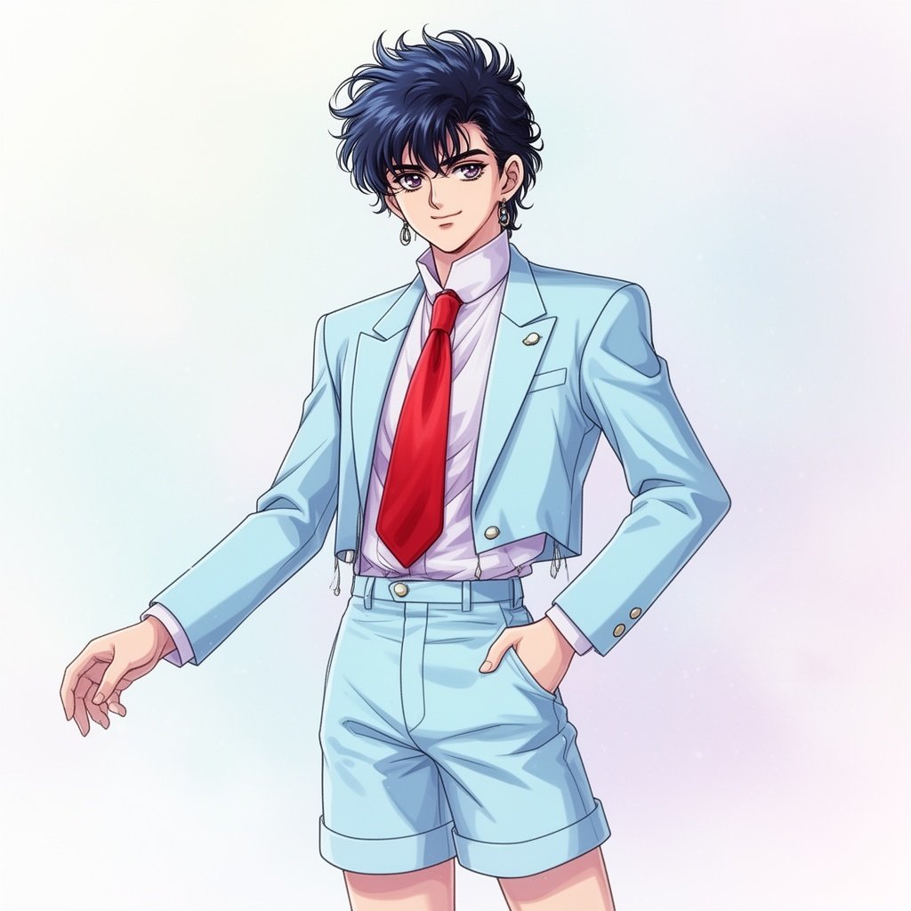 80s New Romantic man in suit with jacket just above the waist the trousers vice the ankle shirt is high collared tie made of silk red suit is pastel light blue