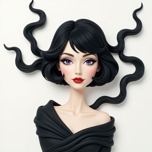 Create A lithe, mysterious woman draped in layered black silks that move like smoke around her. Her jet-black hair is cut sharp to her jawline, and her violet eyes seem to pierce through darkness. Show her head to toe, her whole body.