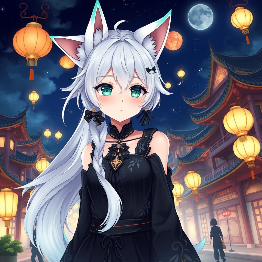 A teenage girl with pale skin and emerald eyes wearing black attire with white hair with a small cyan coloured tip and small fox ears walking through a Chinese style city watching lanterns fly high in the sky