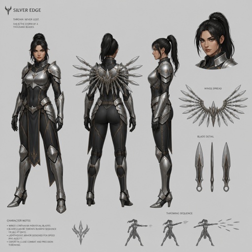 Female superhero a suit that has wings made of small silver knives that can be thrown ,medieval armor ,design