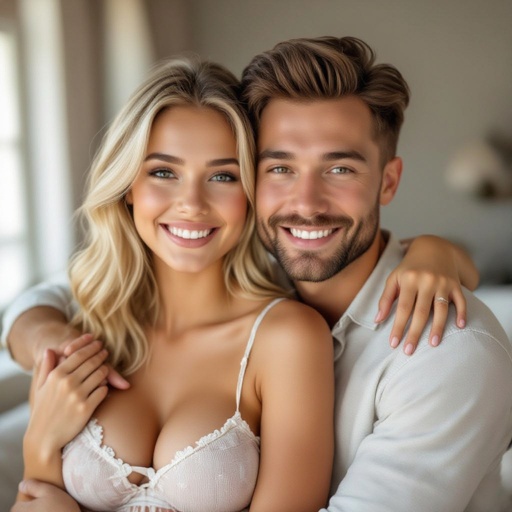 A blonde girl with big boobs hugging her husband 
