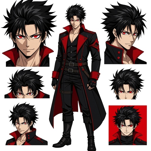 Please create a man, crimson red piercing eyes, sharp smirk, black hair in a mullet like hair style. Strong cheekbones but not too strong. Muscles but not too strong, wears a black coat with crimson accents and black leather gloves, let us please see the entire body