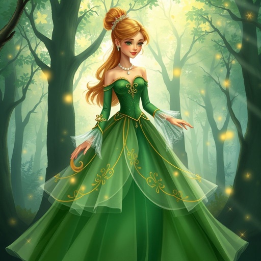 The third dress was a rich green, embroidered with golden flourishes and pearls around the waist. The skirt was made of slightly lighter tulle, and the neckline, sleeves, and bottom hem of the dress were trimmed with delicate white lace. Delicate strips of chiffon formed soft arches, held in place at the waist and slightly lower at knee level by almost transparent bows.
