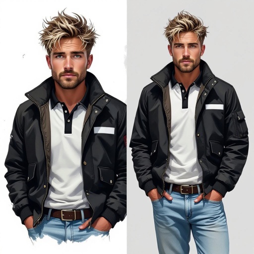 man with Dirty Blonde Unkempt Hair and Goatee.  Astronaut Flight Jacket Black And White Polo and Light blue denim jeans with red sneakers